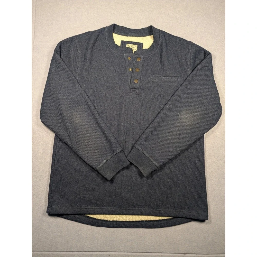 LL Bean Henley Mens Large Navy Blue Fleece Lined Waffle Knit Good